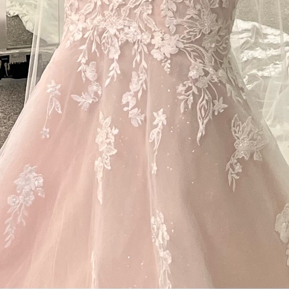 Champagne rose color lace wedding gown worn once. Size 10/12. Lace white veil - Picture 5 of 11